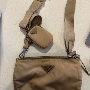 Prada Nylon Crossbody Bag in Camel Tan with Coin Pouch